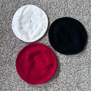 Lot Of 3 Unbranded 100% Wool Beret Hats - Black Red and White. French Style